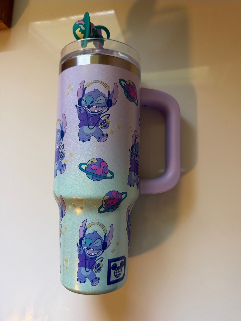 The Disney Store Stitch iridescent Mint and Lavender Travel Tumbler with Handle